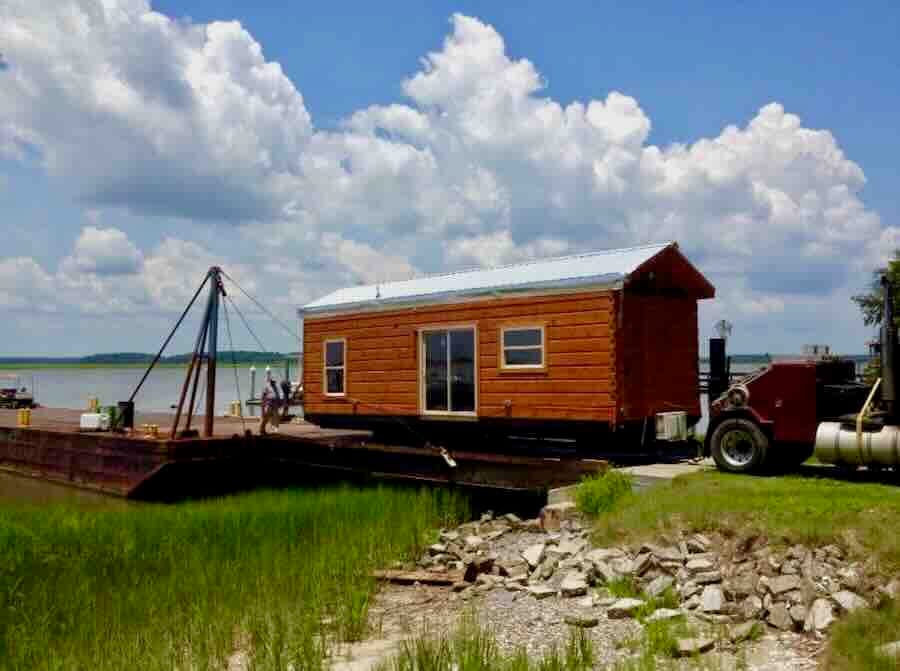 Tiny house on a barge that is unloading at Daufuskie Island, SC.