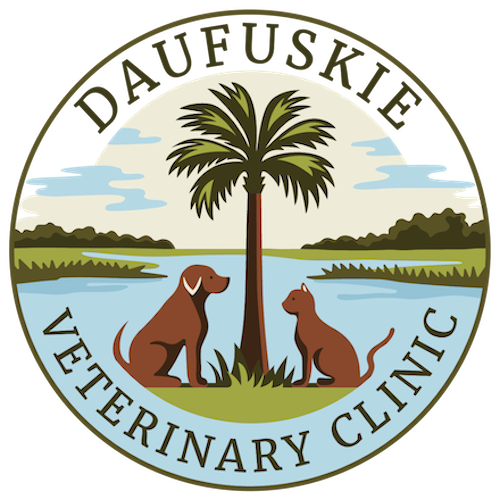 Daufuskie Veterinary Clinic logo with dog and cat.