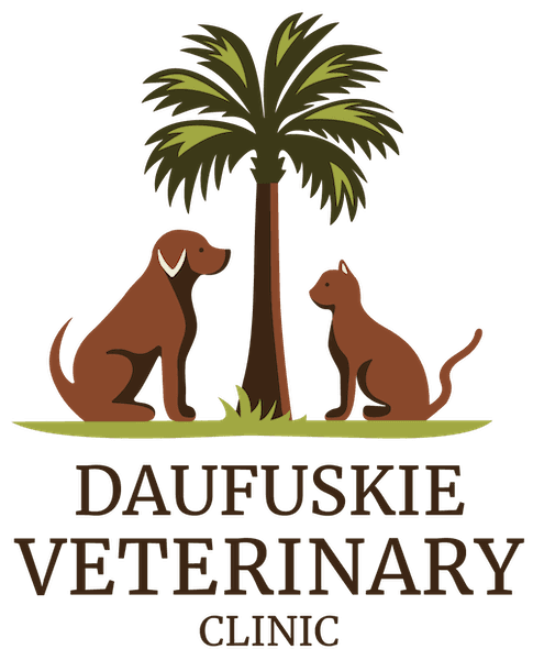 Daufuskie Veterinary Clinic logo with dog and cat.