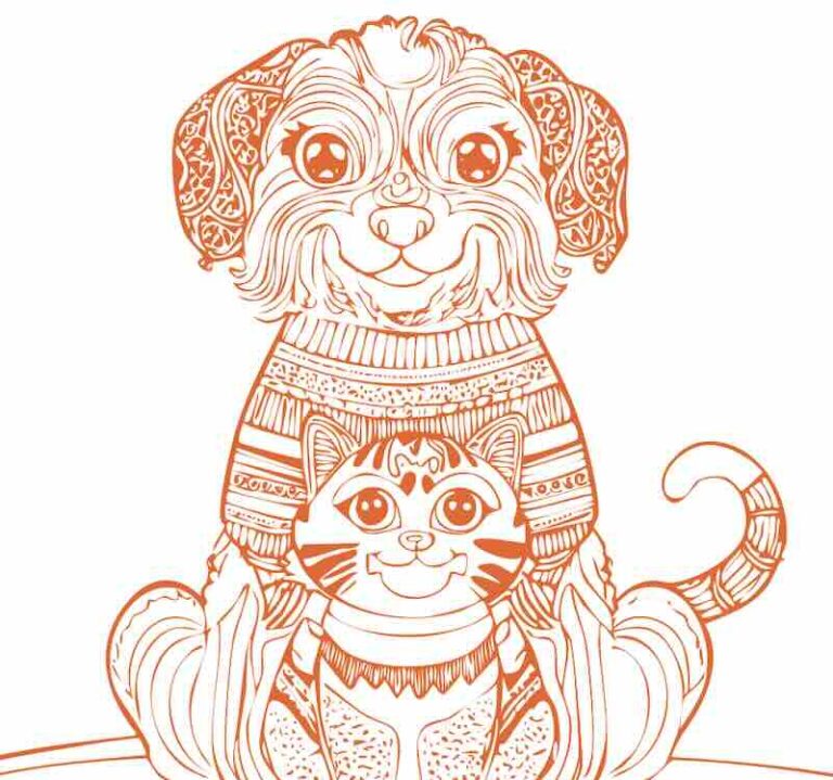 Illustrated dog and cat with intricate patterns.