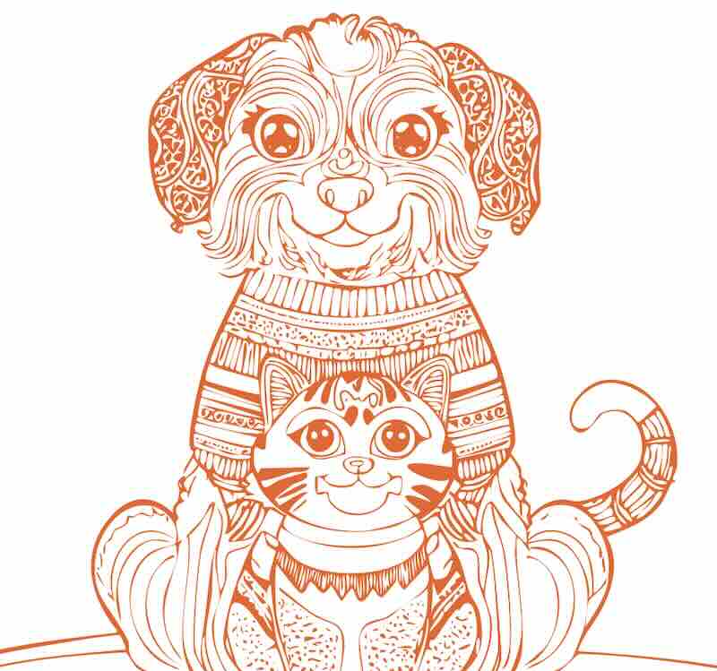 Illustrated dog and cat with intricate patterns.